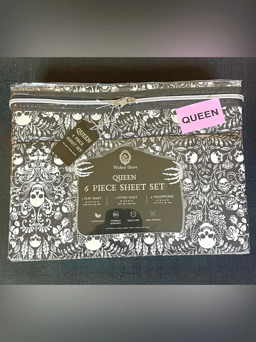 Halloween 6pc DP Queen Sheet Set Black White Damask Skulls Roses Webs Gothic NIP